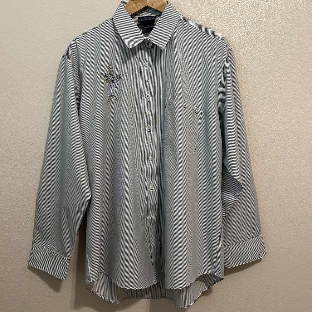 Las Olas Hummingbird Button Down Blouse Large Embellished Green White Striped